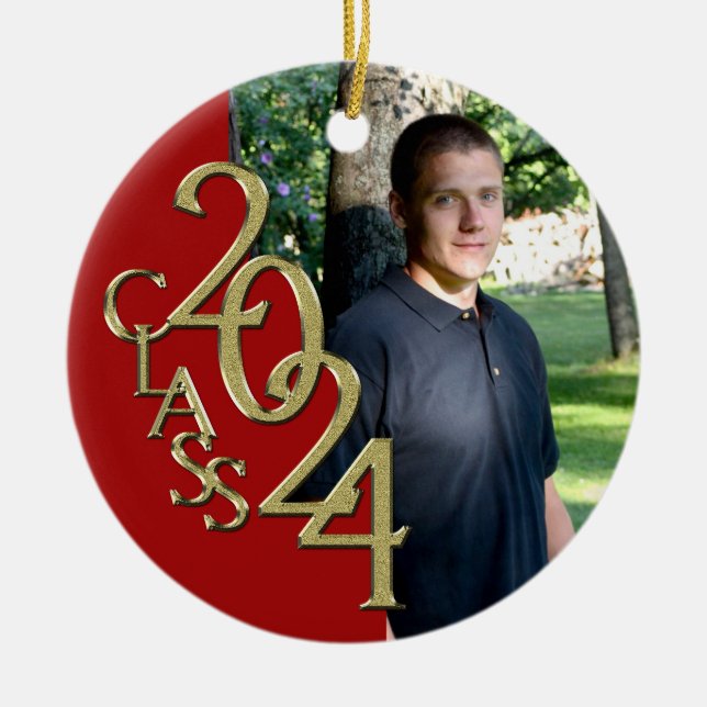 Graduation Class 2024 Photo Red with Gold  Ceramic Ornament (Front)