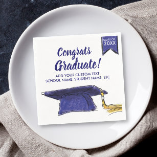 Graduation Class 20XX Congrats Blue Grad Cap Paper Napkins