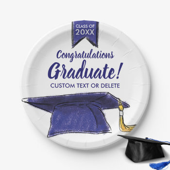 Graduation Class 20xx Congrats Blue Grad Cap Paper Plates by colorfulgalshop at Zazzle