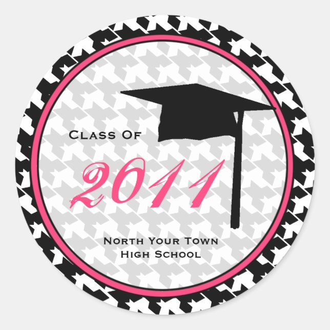 Graduation Class Of 2011 Houndstooth & Pink Classic Round Sticker (Front)