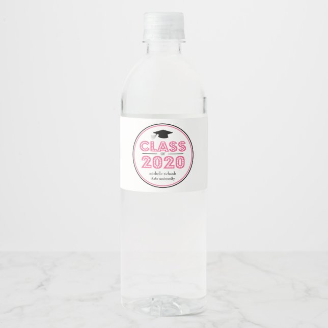 Graduation Class Of 2020 In Lights (Pink) Water Bottle Label (Front)