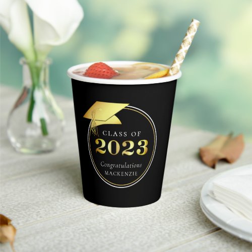 Graduation Class of 2023 Black Gold Personalized Paper Cups