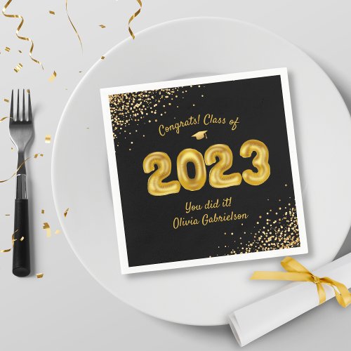 Graduation Class of 2024 Black Gold Balloon Custom Napkins