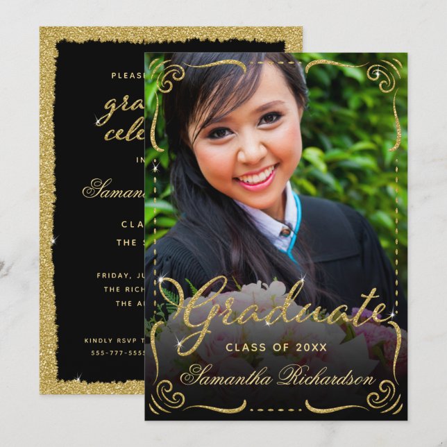 Graduation Class of 2024 Photo Black Gold Invitation (Front/Back)