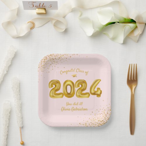 Graduation Class of 2024 Pink Gold Balloons Custom Paper Plates