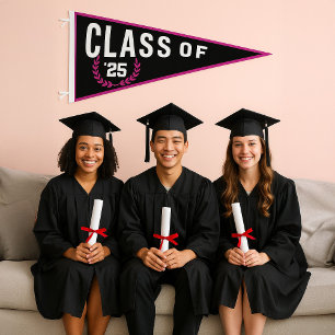 Graduation Class of 2025 Black White Pink Pennant Flag