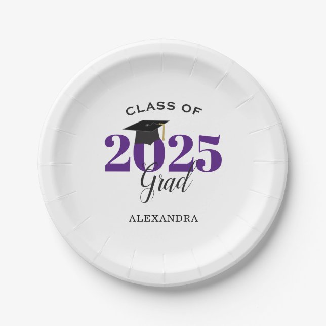 Graduation Class of 2025 Simple Purple and Black Paper Plates (Front)