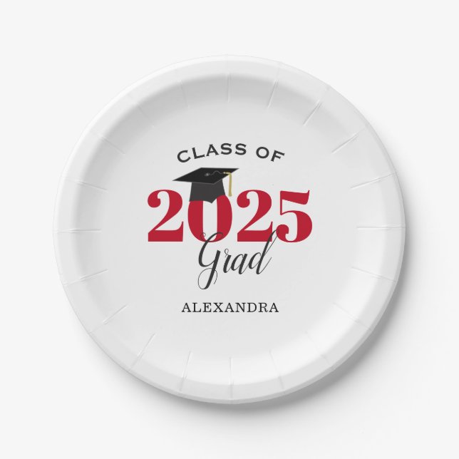 Graduation Class of 2025 Simple Red and Black Paper Plates (Front)