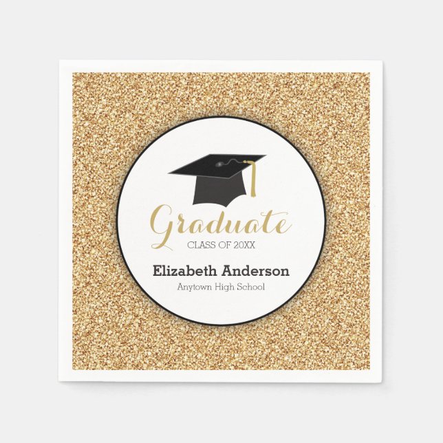 Graduation Class of 2026 Gold Glitter Mortarboard Napkins (Front)