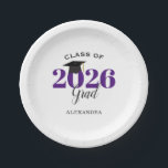 Graduation Class of 2026 Simple Purple and Black Paper Plates<br><div class="desc">This personalized paper plate is perfect for any graduation party celebration. The purple and black text reads: Class of 2026 Grad. A black mortarboard sits on top of the zero in the year.</div>