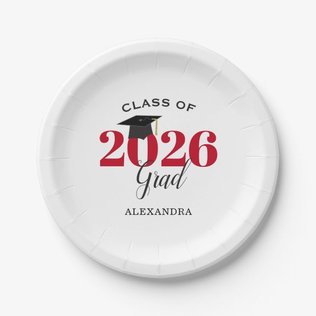 Graduation Class of 2026 Simple Red and Black Paper Plates (Front)
