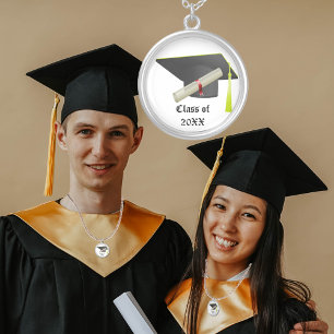 Graduation Class of 20XX Black Cap & Diploma Silver Plated Necklace