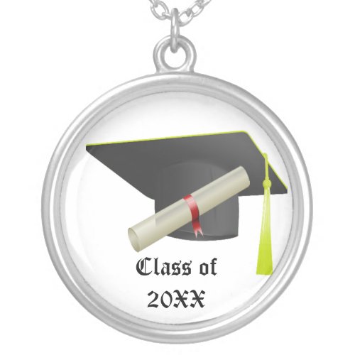 Graduation Class of 20XX Black Cap  Diploma Silver Plated Necklace