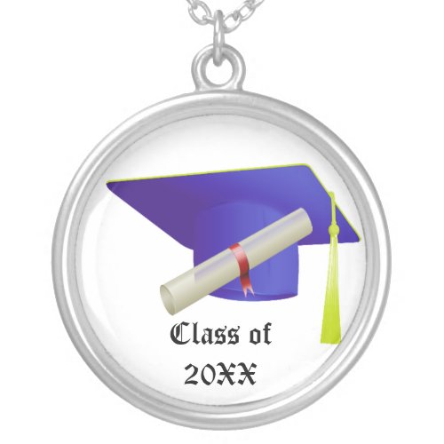 Graduation Class of 20XX Blue Cap  Diploma Silver Plated Necklace