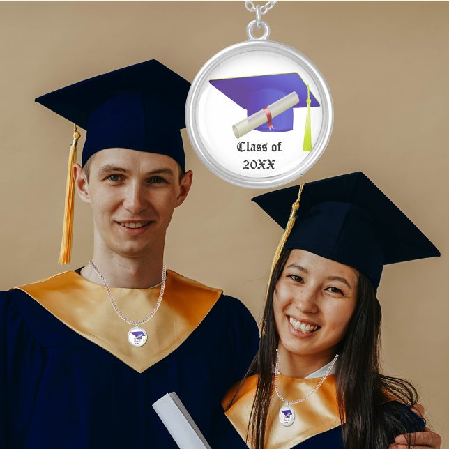 Graduation Class of 20XX Blue Cap & Diploma Silver Plated Necklace (Graduation Class of 20XX Blue Cap & Diploma Silver Plated Necklace)