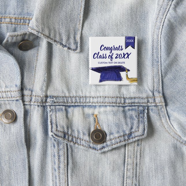 Graduation Class of 20XX Blue Grad Cap Custom Button (In Situ)