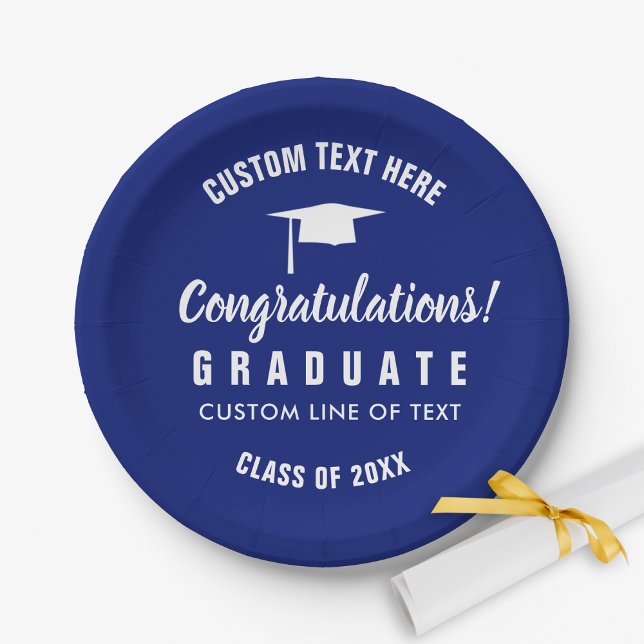 Graduation Class of 20XX Congrats Grad Cap Blue Paper Plates (Creator Uploaded)