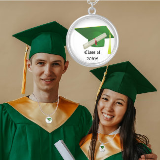 Graduation Class of 20XX Green Cap & Diploma Silver Plated Necklace