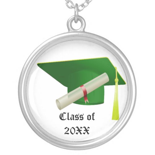 Graduation Class of 20XX Green Cap  Diploma Silver Plated Necklace