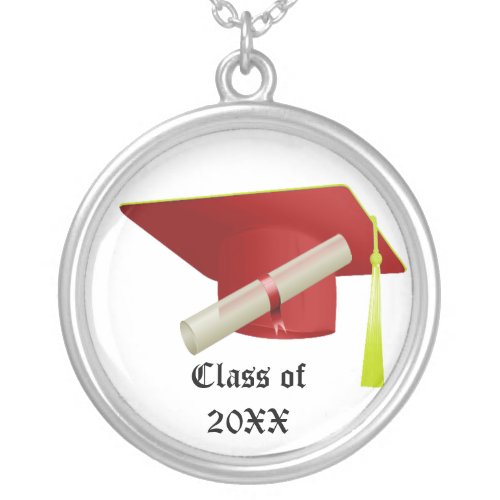 Graduation Class of 20XX Red Cap  Diploma Silver Plated Necklace