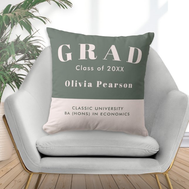 Graduation Class of 20XX Sage Green Blush Keepsake Throw Pillow (A sage green and pink throw pillow with 'GRAD' text, personalized with name, university and degree)