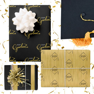 Graduation Class of Black Gold Stylish Pattern Wrapping Paper Sheets