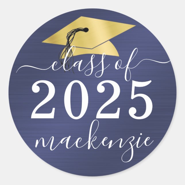 Graduation Class Of Metallic Script Navy Blue Classic Round Sticker (Front)