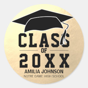 Graduation Class of Pink Gold Foil Black Cap Classic Round Sticker