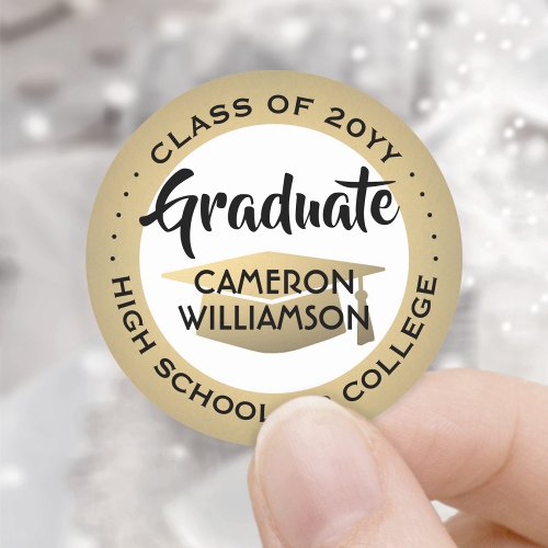 Graduation Class Year Black Gold and White Modern Classic Round Sticker