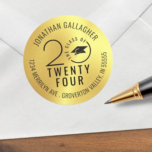 Graduation Class Year Black Gold Return Address Classic Round Sticker