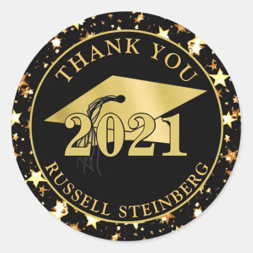 Graduation Class Year Black Gold Stars THANK YOU Classic Round Sticker