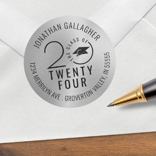 Graduation Class Year Black Silver Return Address Classic Round Sticker