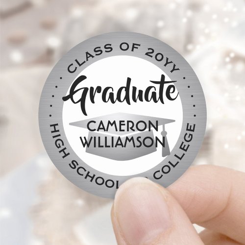 Graduation Class Year Black White  Silver Modern Classic Round Sticker