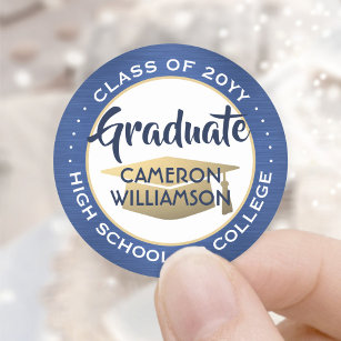 Graduation Class Year Blue Gold and White Modern Classic Round Sticker