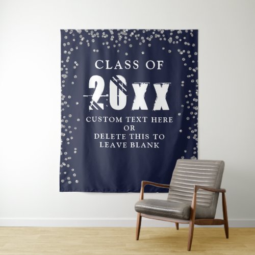 Graduation CLASS YEAR Navy Blue Silver Confetti Tapestry