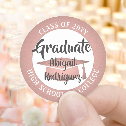 Graduation Class Year Pink Rose Gold Black Modern Classic Round Sticker