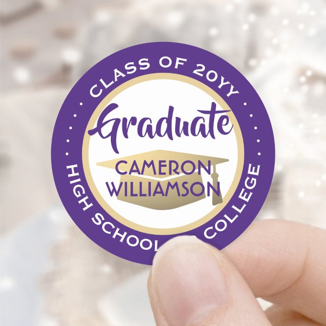 Graduation Class Year Purple Gold and White Modern Classic Round Sticker (Creator Uploaded)