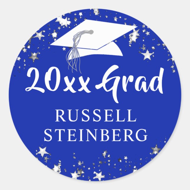Graduation Class Year Royal Blue White Stars Name Classic Round Sticker (Front)
