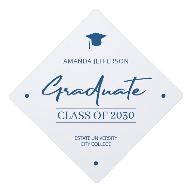 Graduation class year school elegant blue script  cap topper (Front)