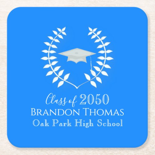 Graduation Classic Class Of Blue Laureate Leaves Square Paper Coaster