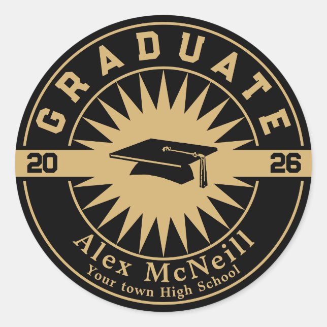 Graduation Classic Gold & Black Template Classic Round Sticker (Front)