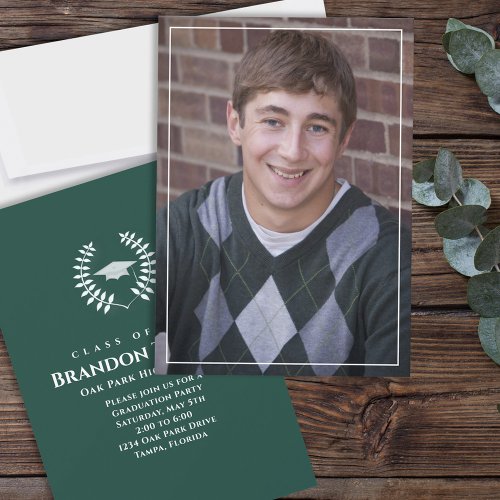 Graduation Classic Photo Dark Green Laurel Leaves Invitation