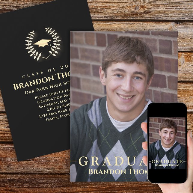 Graduation Classic Photo Laureate Laurel Gold Invitation (Creator Uploaded)