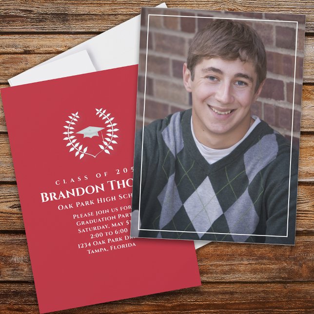 Graduation Classic Photo Laureate Laurel Red Invitation (Creator Uploaded)