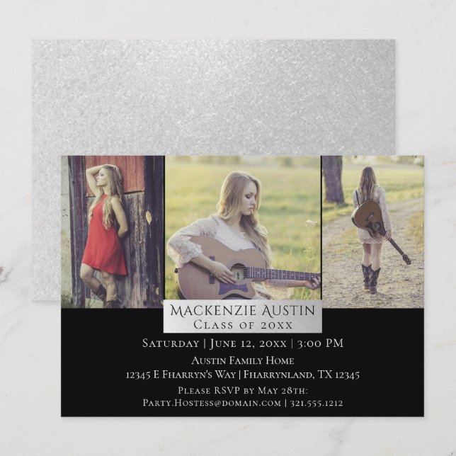 Graduation Collage | Silver Chic Triple 3 Photo Invitation (Front/Back)