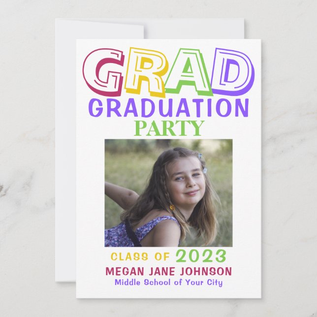 Graduation colorful middle school grad photo invitation (Front)