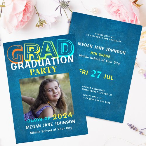 Graduation colorful middle school grad photo invitation