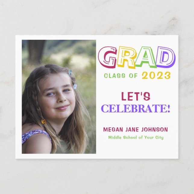 Graduation colorful middle school grad photo invitation postcard (Front)