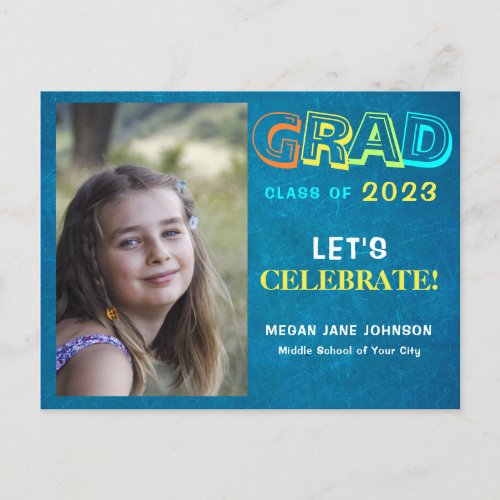 Graduation colorful middle school grad photo invitation postcard