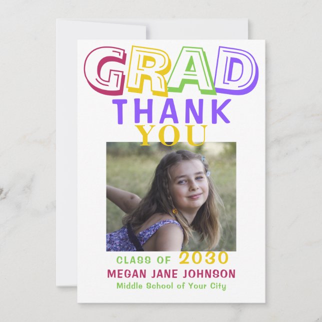 Graduation colorful middle school grad photo thank you card (Front)